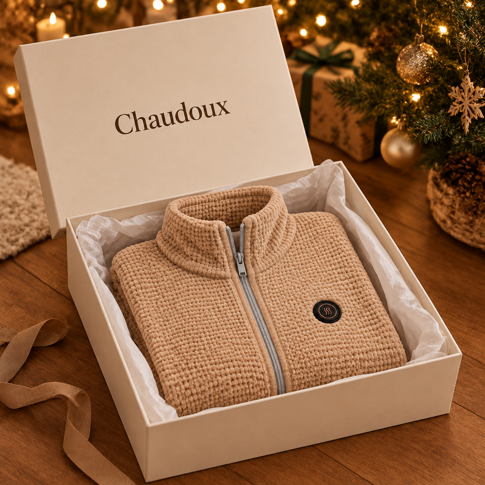 Poncho chauffant Chaudoux dans son coffret cadeau au pied du sapin