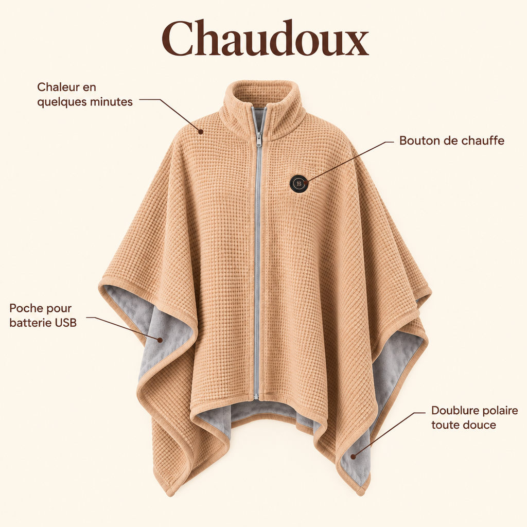Les atouts du poncho chauffant Chaudoux : chaleur rapide, bouton de chauffe, doublure polaire, poche batterie USB