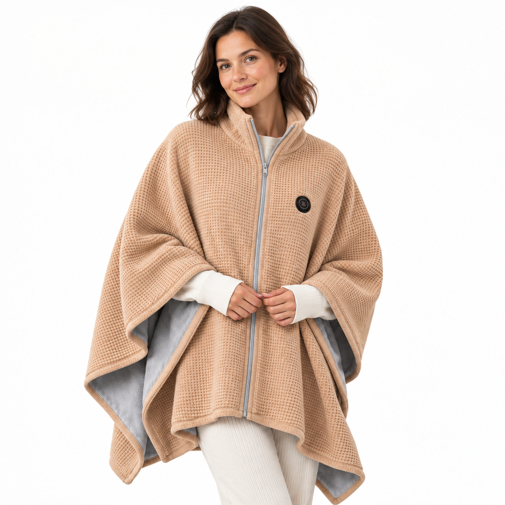 Poncho chauffant Chaudoux beige porté, maille gaufrée et col montant zippé